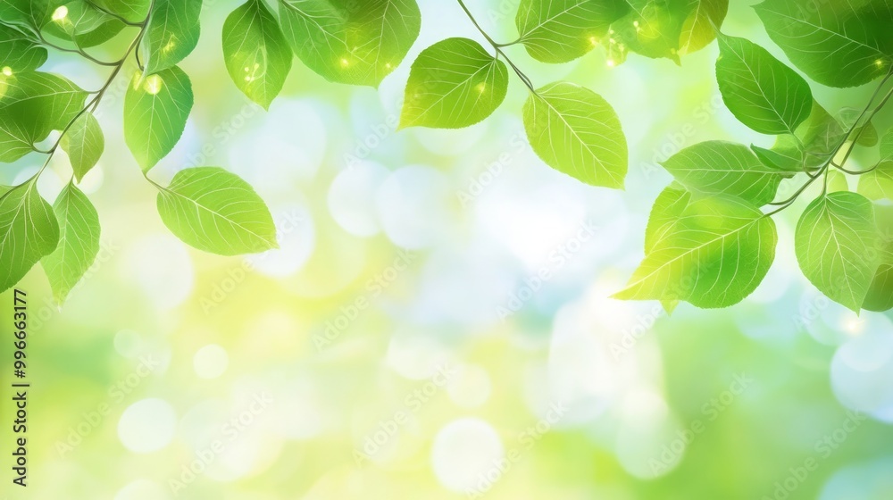 Spring green leaves frame a bokeh background vector presentation design template, a detailed illustration, Spring green leaves frame a bokeh background vector presentation design template, a detailed illustration,