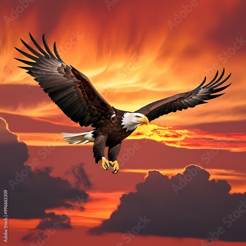 This breathtaking photograph captures the dramatic beauty of an eagle soaring against a stunning sunset sky.