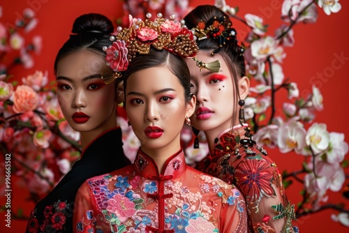 Elegant asian women in floral traditional attire