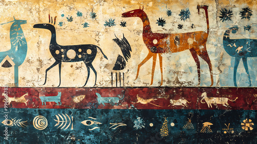 Wall painting in the minoan civilization, background, Minoan Civilization. Illustration photo