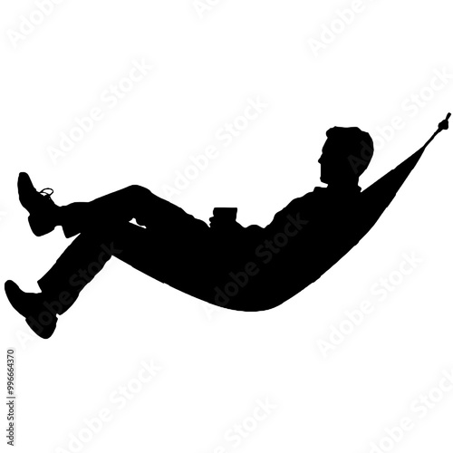 Silhouette of Man Resting in Hammock by the Beach – Vector Art Isolated on White