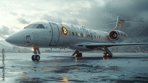 Business private jet airplane with bitcoin logo. Crypto Business and power concept.