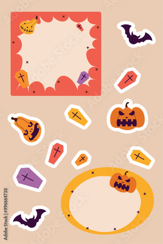 Daily planner page tamplate, halloween daily organizer, dairy, life, weekly, month planner, stickers time menagement concept on beige background with orange pumpkins, purple bats, graves	 photo