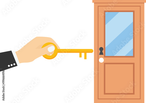 Hand holding big key between an open door and a closed. Business and management. Way to success. Taking chances. Flat vector illustration

