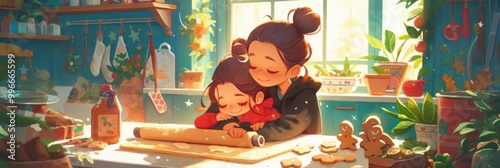 In a cozy kitchen decorated for Christmas, a mother and her daughter bond while rolling out dough and cutting gingerbread cookies, capturing a heartwarming holiday moment, banner