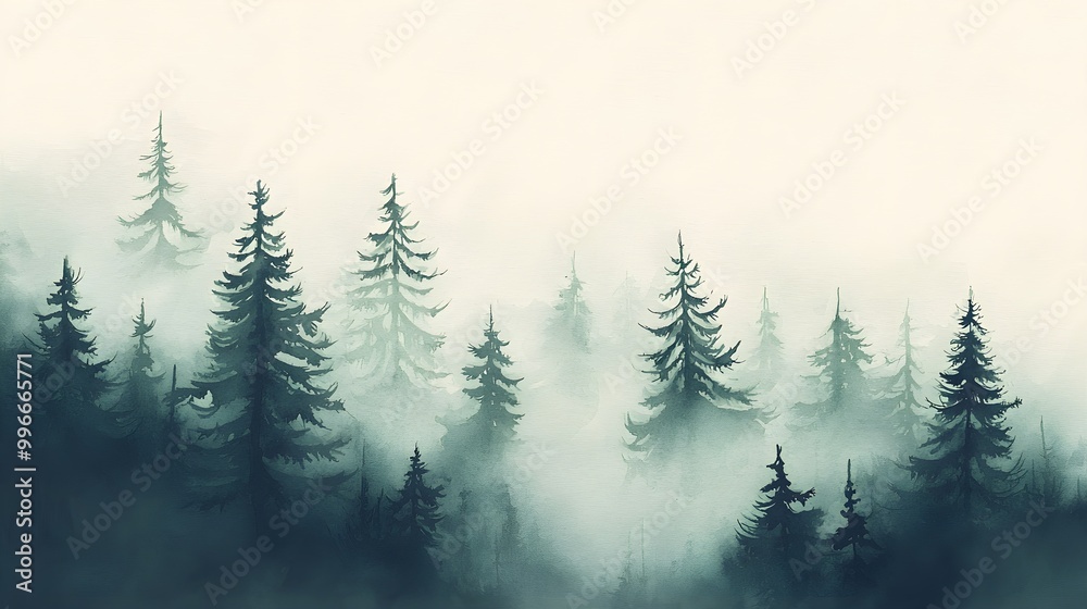Fototapeta premium Misty forest landscape with evergreen trees shrouded in fog, creating a serene and tranquil atmosphere.