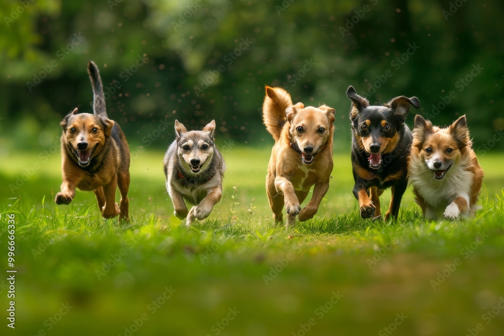 Dogs sprint towards the camera with joyful expressions, capturing a playful moment. The outdoor setting enhances their lively energy. Dogs sprint towards the camera with joyful expressions, capturing a playful moment. The outdoor setting enhances their lively energy.