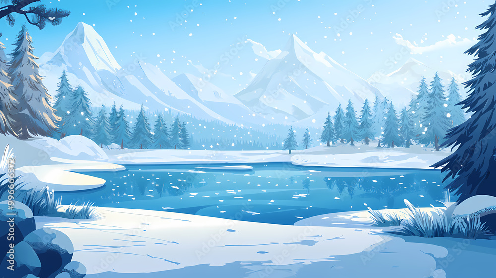 Winter landscape with a frozen lake surrounded by snowy trees and mountains. Frozen Lake. Illustration
