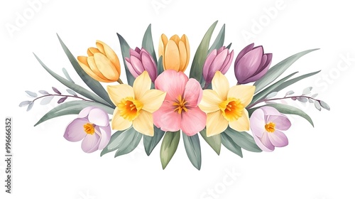 Spring watercolor bouquet with daffodils, tulips, and crocuses