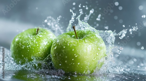 Green apples splashing in water.