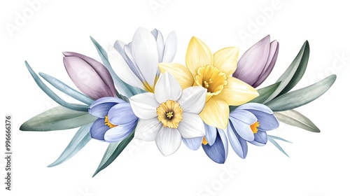 Spring watercolor bouquet with daffodils, tulips, and crocuses