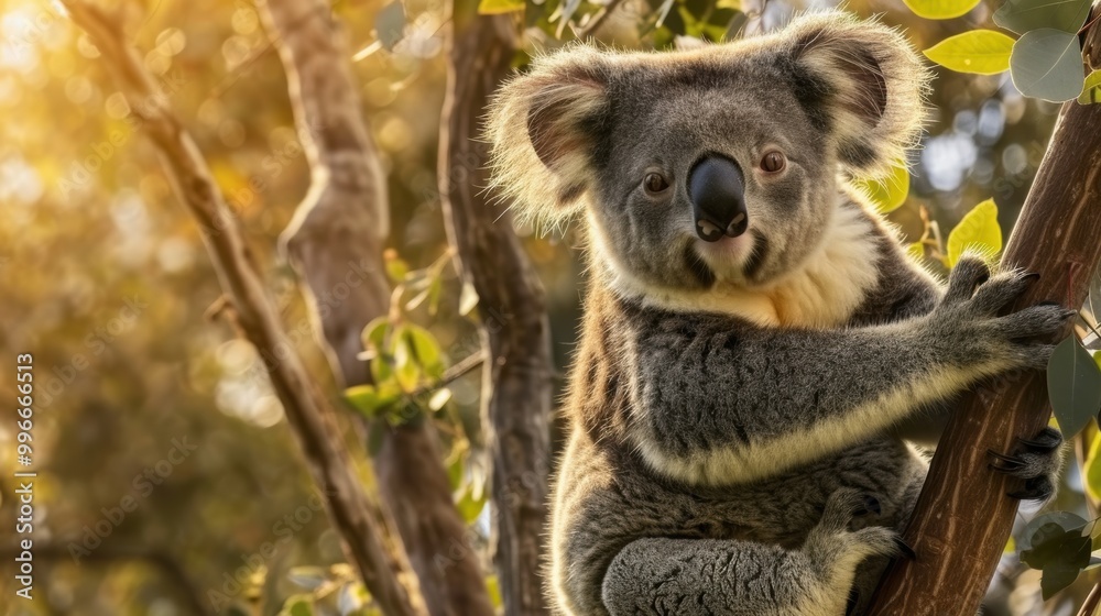 a koala in a tree, with its soft fur illuminated by the setting sun. Ideal for eco-tourism promotions and educational exhibits about Australian wildlife. a koala in a tree, with its soft fur illuminated by the setting sun. Ideal for eco-tourism promotions and educational exhibits about Australian wildlife.