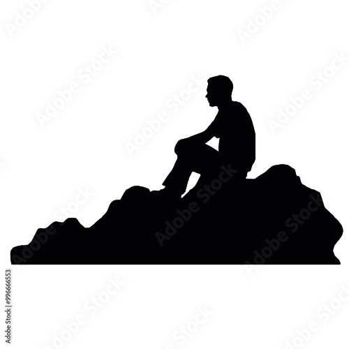 Silhouette of Man Reflecting on Rock – Vector Illustration Isolated on White