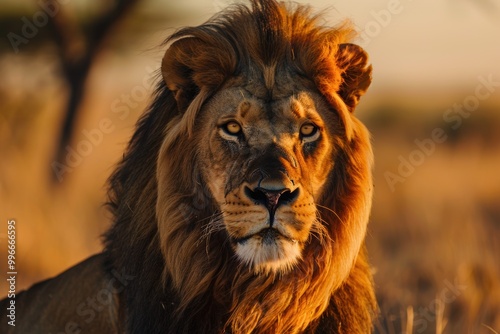 a lion standing in the open savanna, its mane catching the evening breeze. Great for eco-tourism advertisements and educational content about big cats.