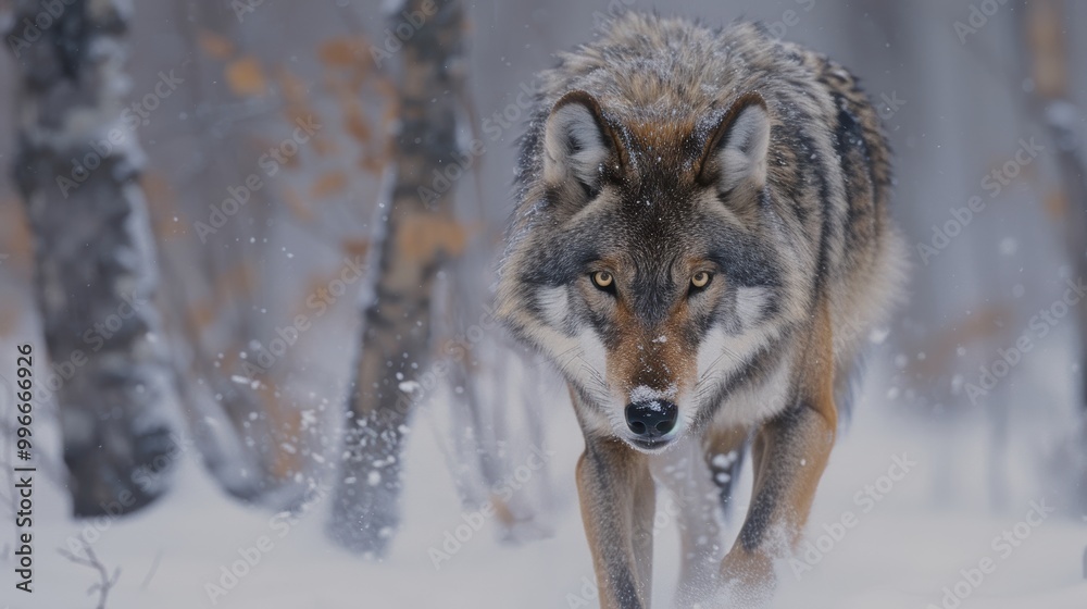 Obraz premium A fierce wolf moves silently through the snowy terrain, its gaze unwavering and determined. The icy landscape accentuates the wolf’s predatory instincts and the harsh beauty of its environment.