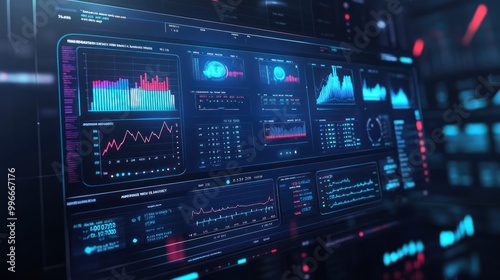 A futuristic data dashboard displaying various analytics and statistics.