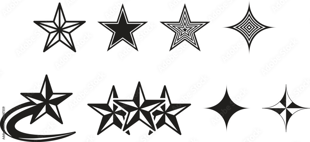 Star icon collection. The star. Twinkling star icon. Star shape symbol. Glowing star icon, abstract shiny black silhouette. Vector illustration Star icon collection. The star. Twinkling star icon. Star shape symbol. Glowing star icon, abstract shiny black silhouette. Vector illustration