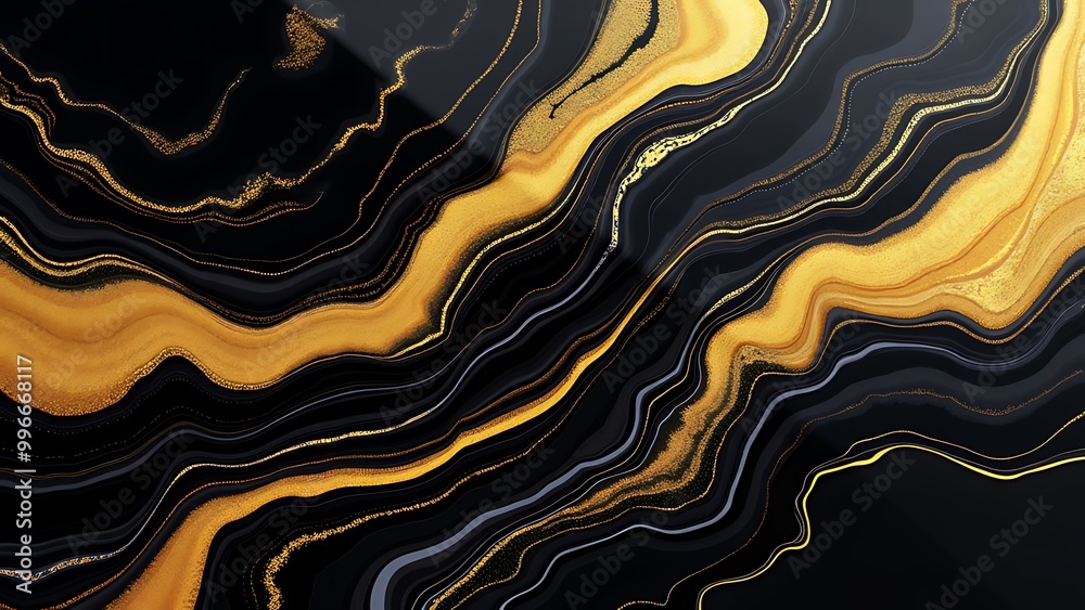 Obraz premium A bold black and gold liquid marble design, featuring dramatic contrast and flowing patterns. This luxurious abstract background exudes sophistication and modern elegance.