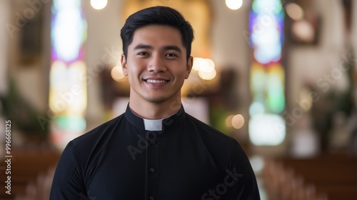 Faith and Dedication: Young Filipino Male Catholic Priest in a Church Setting Ideal for Religious Content, Print, Poster, or Conceptual Projects