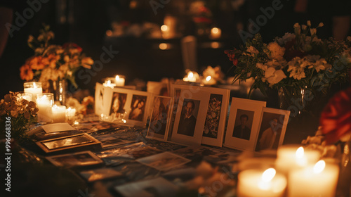 Candlelit memorial table with framed photos and floral arrangements