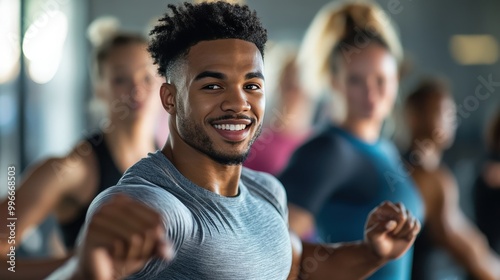 Smiling young man engaged in a group workout session at a fitness center, showcasing enthusiasm and camaraderie among participants