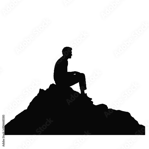 Man Sitting on Scenic Rock Silhouette – Vector Illustration Isolated on White