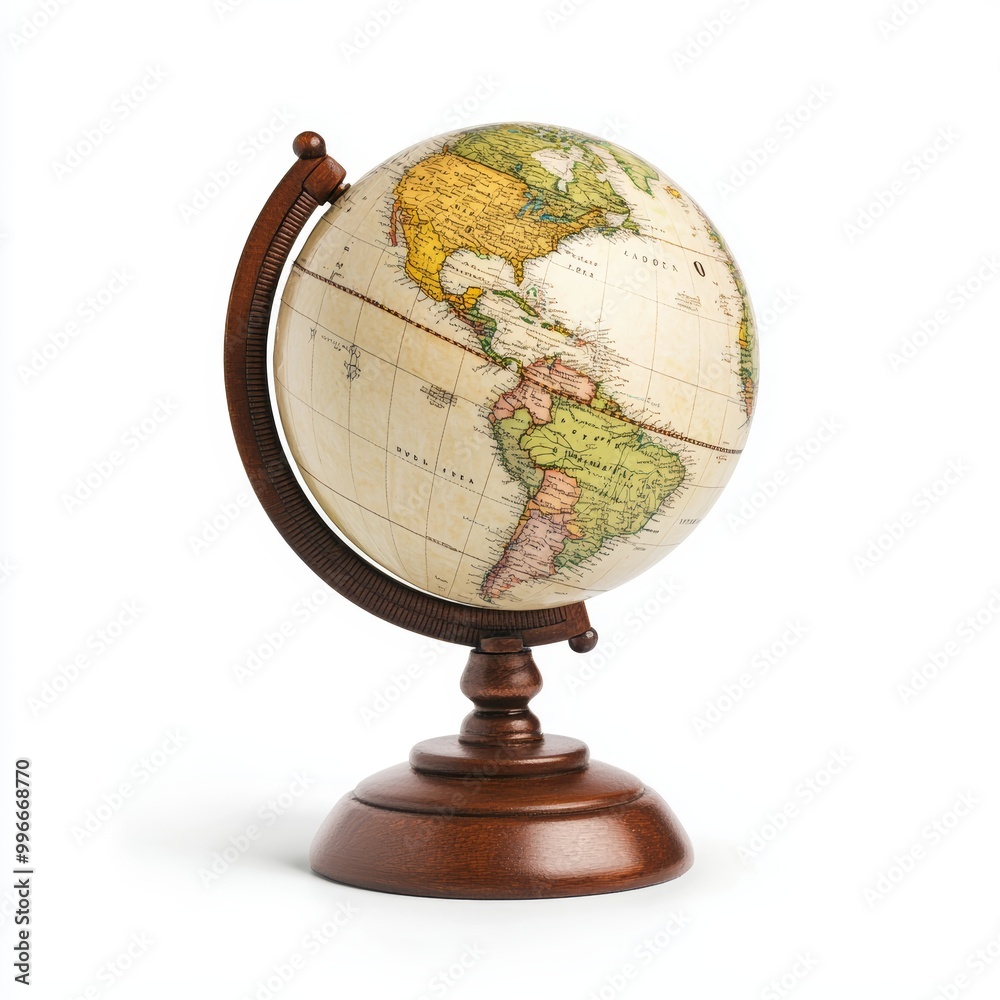 An antique globe with detailed continents, sitting on a mahogany stand isolated on white background. An antique globe with detailed continents, sitting on a mahogany stand isolated on white background.