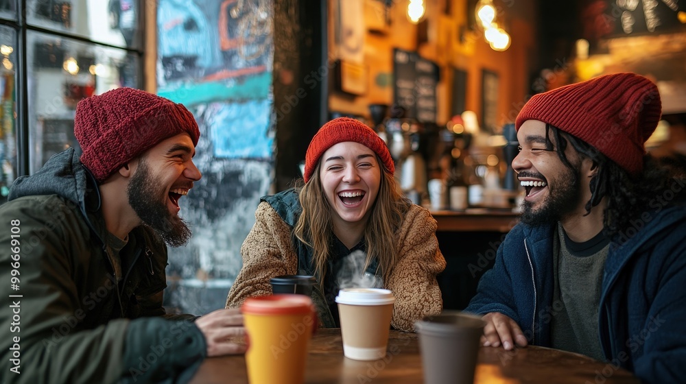 Friends laughing and enjoying coffee together in a cozy café during fall, wearing warm hats and jackets Friends laughing and enjoying coffee together in a cozy café during fall, wearing warm hats and jackets