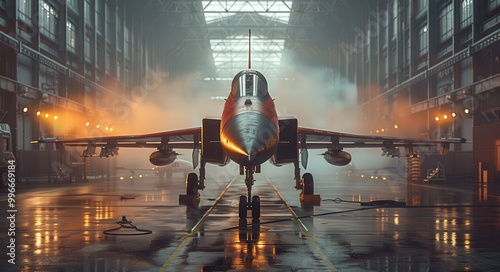 Fighter jet in a hangar being prepared for operations during a misty evening photo