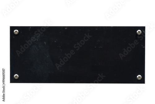 Distressed black steel plaque with a painted texture and screws png file cut out and isolated on a transparent background, signage stock photo image