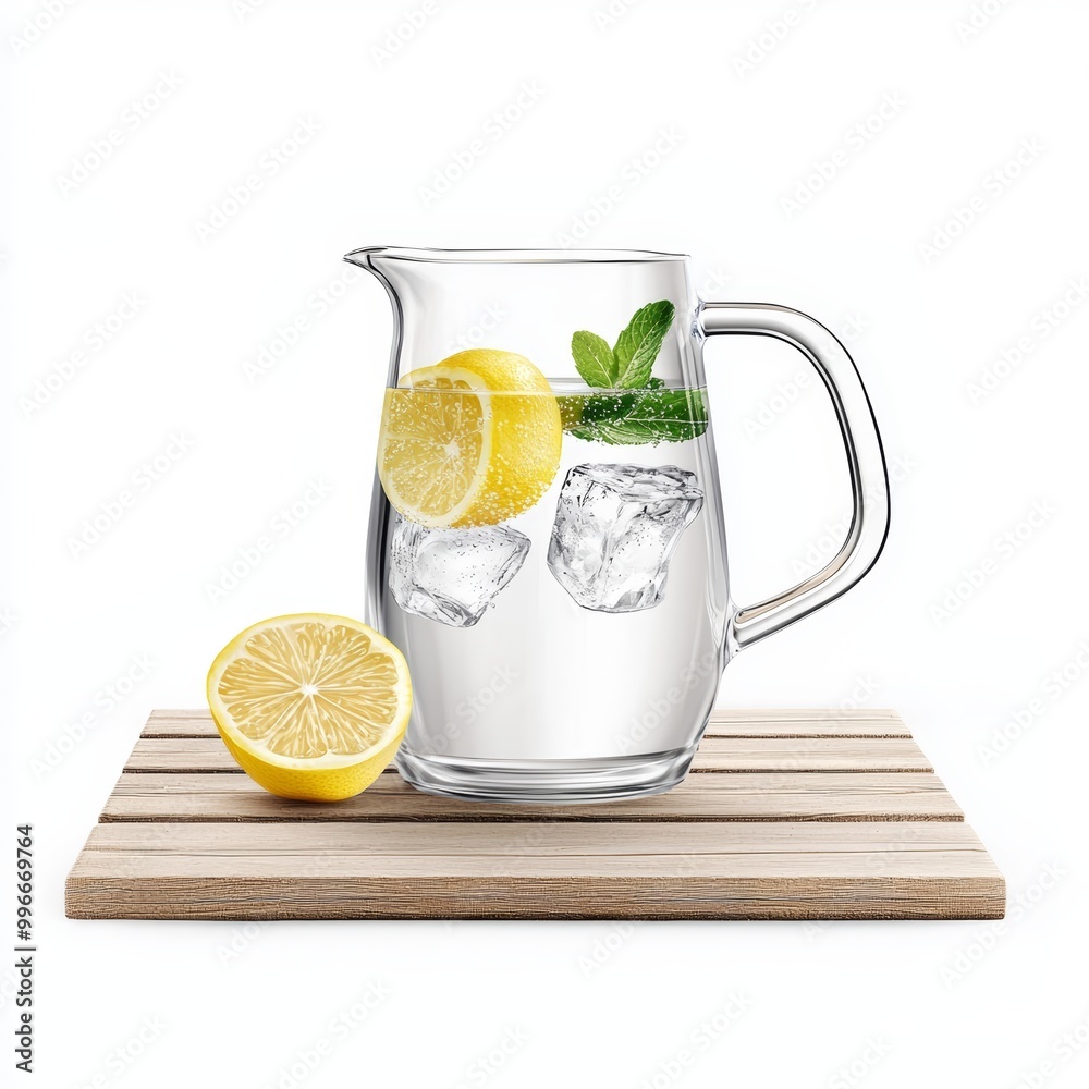 Fototapeta premium A crystal-clear glass pitcher filled with lemon water, placed on a summer picnic table isolated on white background.