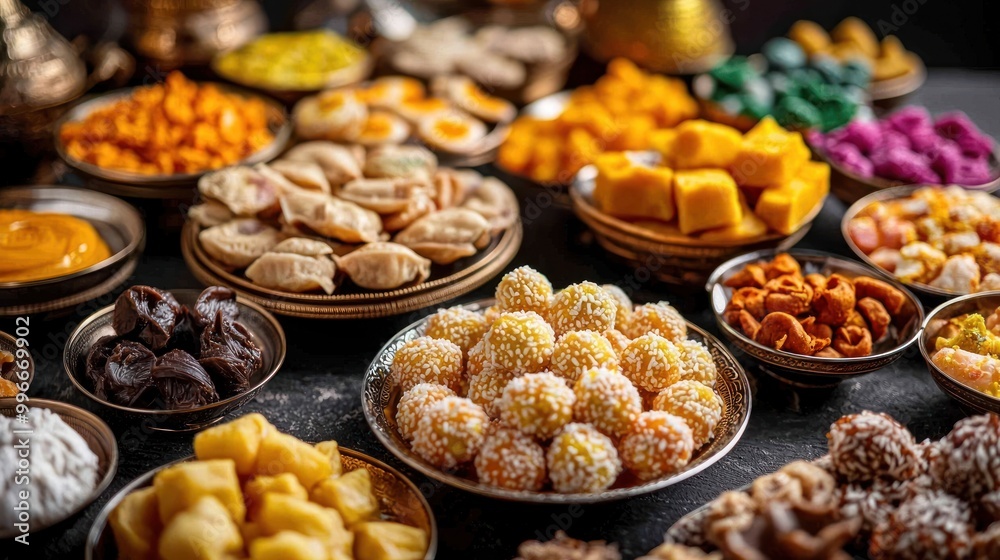 Assortment of traditional Diwali sweets like ladoos, barfis, and jalebis on a festive table Assortment of traditional Diwali sweets like ladoos, barfis, and jalebis on a festive table