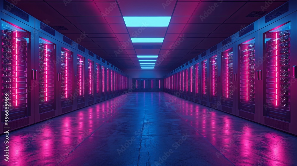 Neon-lit Data Center with Server Racks Neon-lit Data Center with Server Racks