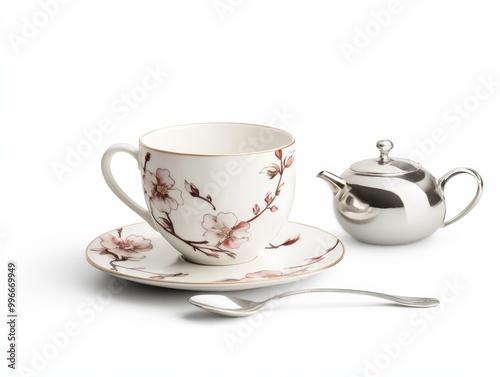 A delicate porcelain teacup with floral patterns, next to a silver spoon and a small teapot isolated on white background.