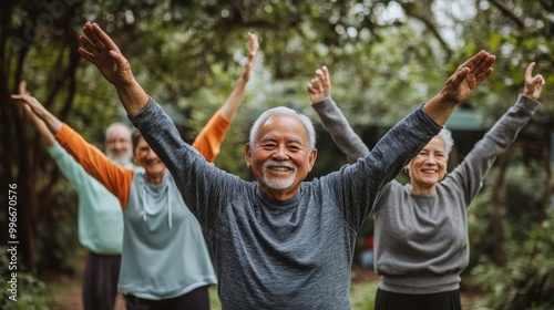 Elderly group practicing joyful exercises outdoors in a lush green park during the morning sunshine