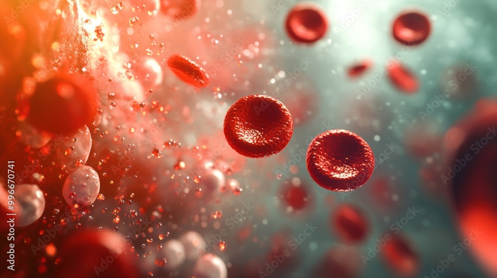 Close-up view of red blood cells in a dynamic, abstract environment. Close-up view of red blood cells in a dynamic, abstract environment.