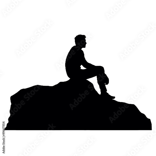 Silhouette of Man Pondering on Rock – Vector Illustration Isolated on White