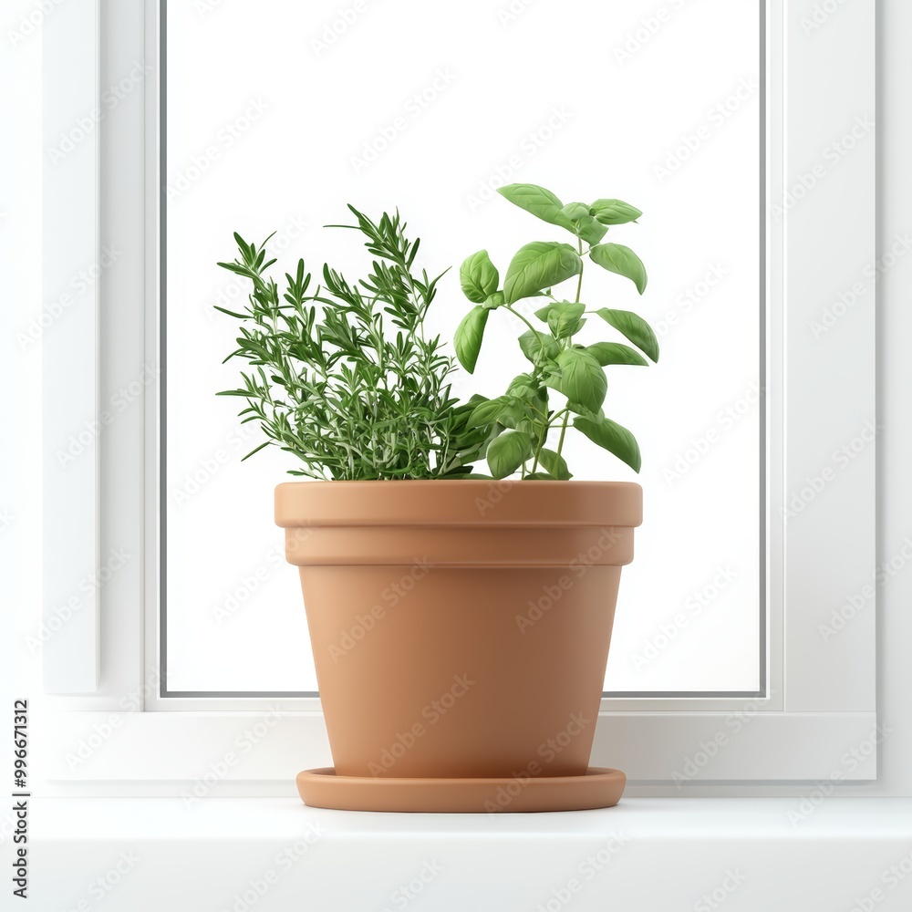 A rustic clay pot filled with fresh herbs, sitting on a windowsill bathed in sunlight isolated on white background. A rustic clay pot filled with fresh herbs, sitting on a windowsill bathed in sunlight isolated on white background.