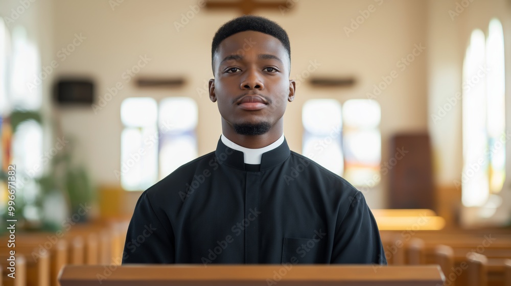 Obraz premium Diverse Religious Leadership, Young African American Male Protestant Minister in Church Interior, Spiritual Guidance