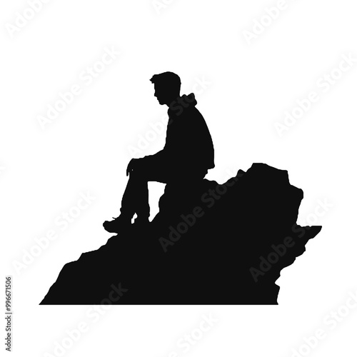 Silhouette of Man Resting on Boulder – Vector Illustration Isolated on White