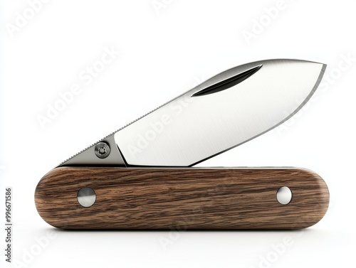 A shiny silver pocket knife with a wooden handle, open and reflecting sunlight isolated on white background.