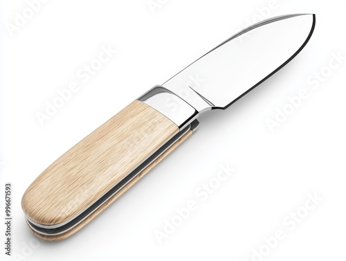 A shiny silver pocket knife with a wooden handle, open and reflecting sunlight isolated on white background.