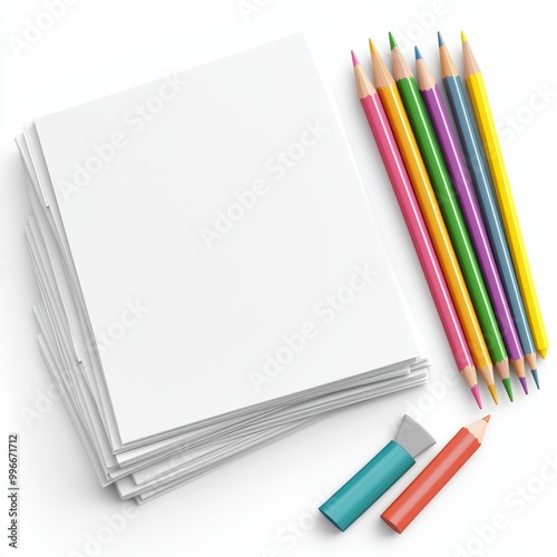 A stack of hand-drawn sketches, laid out beside a set of colored pencils and an eraser isolated on white background. photo