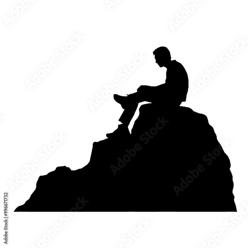 Man Enjoying Nature on Rock Silhouette – Vector Illustration Isolated on White Background