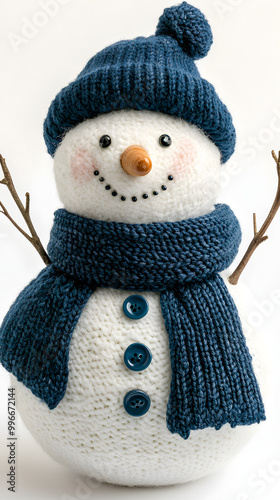 Smiling snowman with a red hat and scarf standing on a snowy white background, perfect for Christmas decorations