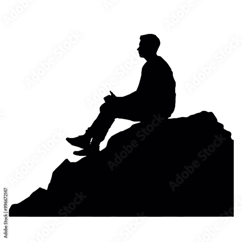 Silhouette of Man Taking a Break on Rock – Vector Illustration Isolated on White