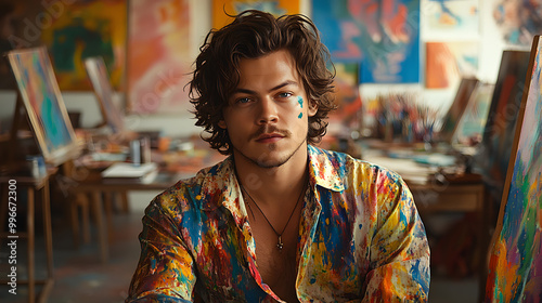 Cinematic Still of an Artist in His Studio, Sitting and Painting 