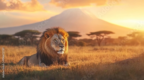 A majestic lion rests in the African savanna at sunset with a mountain in the background.