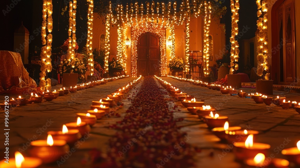 Rows of bright diyas illuminating a path or doorway for Diwali Rows of bright diyas illuminating a path or doorway for Diwali
