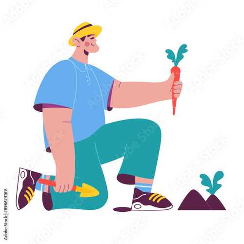 Man gardener digging up a carrot